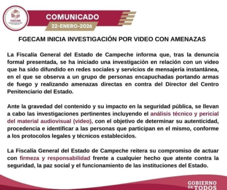 La Fiscalía General del Estado de Campeche confirmó que ya investiga la autenticidad de las imágenes del grupo armado (22/01/2026). Foto: Especial