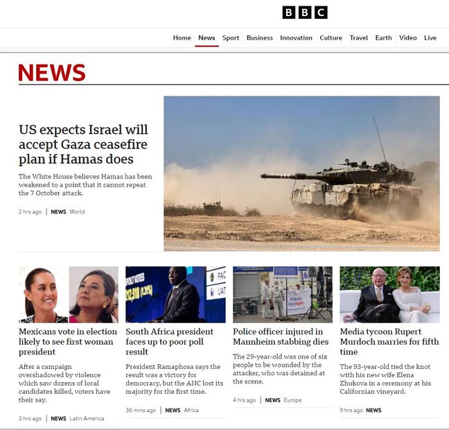 La portada de la cadena británica BBC destaca entre sus noticias las elecciones mexicanas. FOTO: CAPTURA