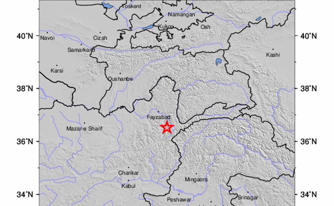 Un mapa de sacudidas facilitado por el Servicio Geológico de los Estados Unidos (USGS) muestra la ubicación de un terremoto de magnitud 6,5 que azotó cerca de Jurm, Afganistán. Foto: EFE