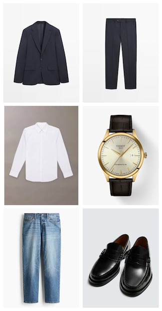 Traje azul marino de Massimo Dutti. Camisa blanca Calvin Klein. Reloj Tissot ‘Classic Dream’ 40mm. Jeans de H&M. Mocasines negros de Zara.