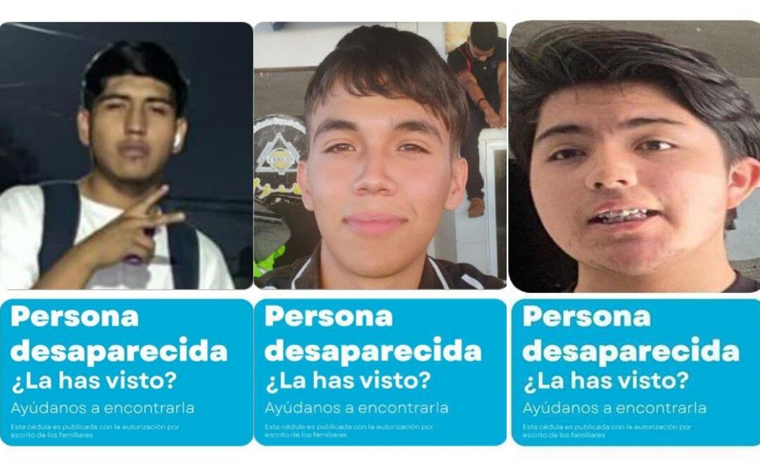 Los alumnos de la Universidad de Guadalajara desaparecidos, fueron identificados como Edgar Axel Ríos, de 15 años (izquierda), Jesús Bryan Huidor (derecha), de 17 y Miguel Alejandro Medina de la misma edad (centro) (09/04/2025). Foto: X (@udg_oficial)