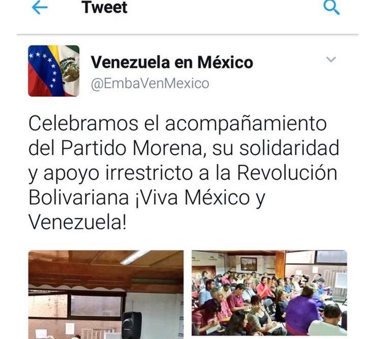 Embajada venezolana borra tuits en los que agradecía a Morena