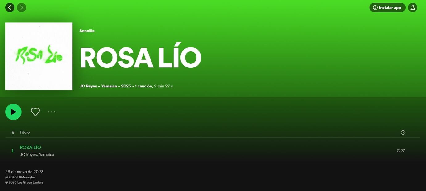 La canción "Rosa Lío" de Jc Reyes está disponible en Spotify. / foto: Spotify. 