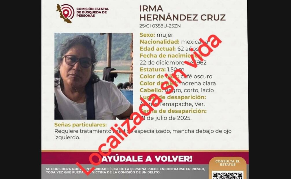 Ficha de búsqueda de Irma Hernández Cruz, hallada sin vida en Veracruz. Foto: Especial