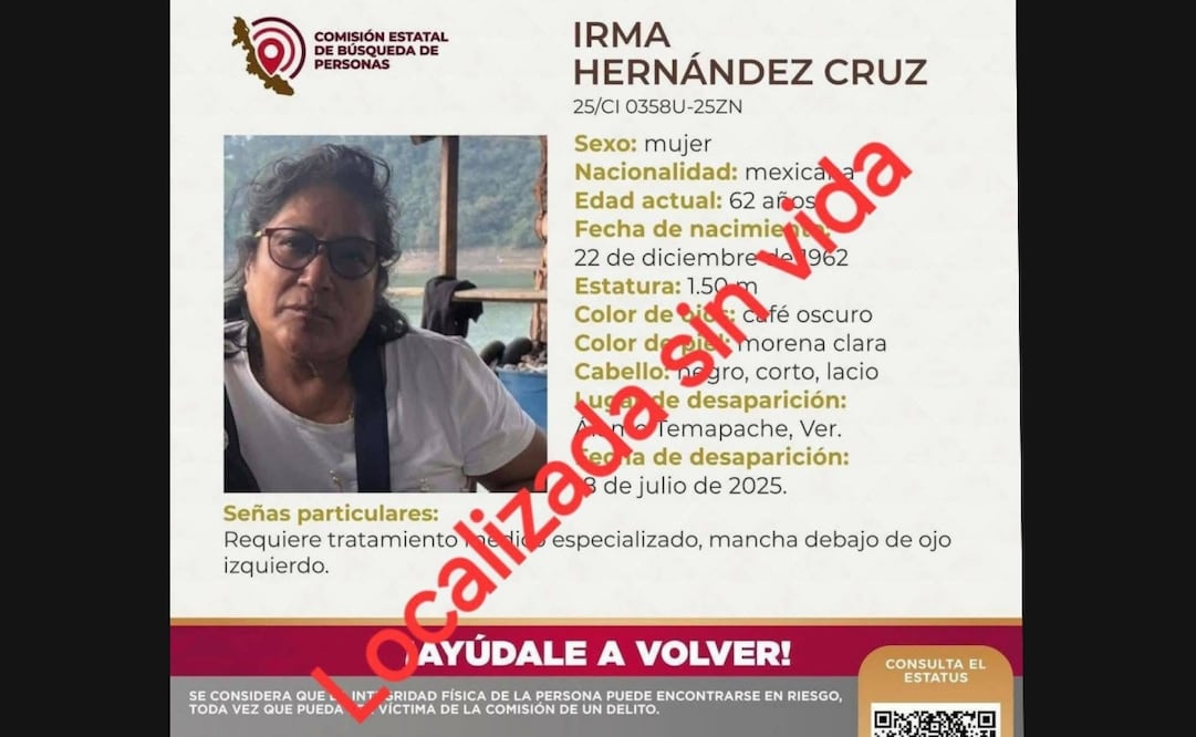 Ficha de búsqueda de Irma Hernández Cruz, hallada sin vida en Veracruz. Foto: Especial
