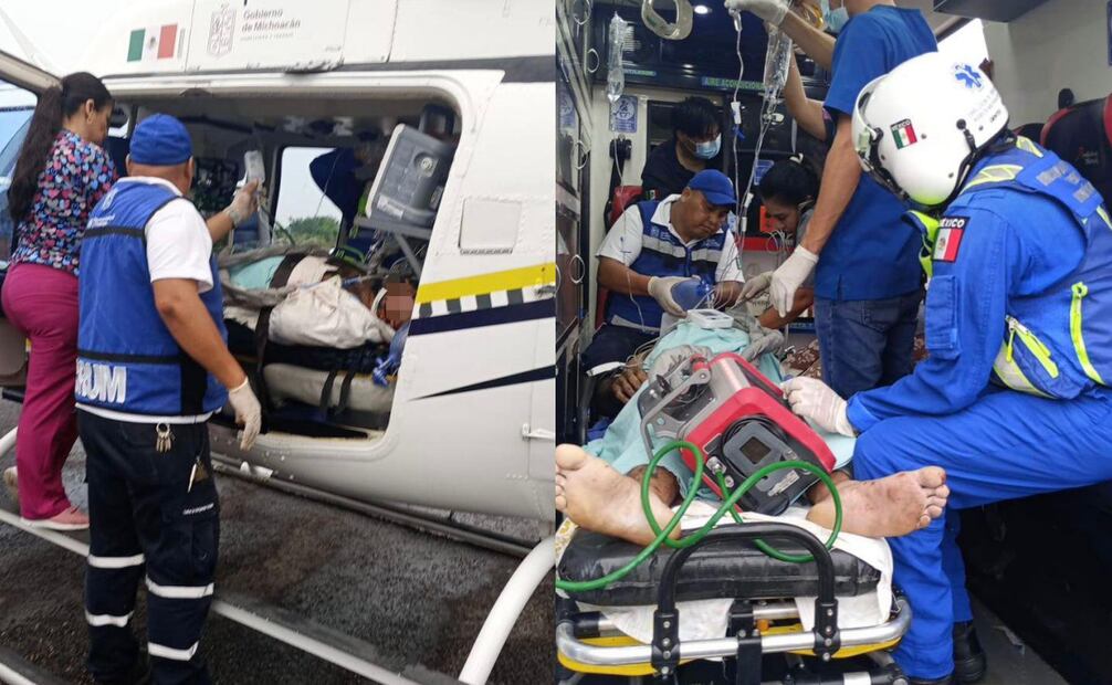 Las personas lesionadas tras la explosión de un auto ocurrida en Coahuayana fueron trasladadas vía aérea hacia la capital michoacana para recibir atención inmediata.
Foto: Especial.