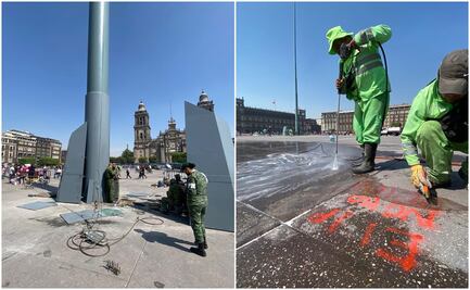 Militares continúan con la reparación del asta bandera en el Zócalo de la CDMX tras marcha del 8M