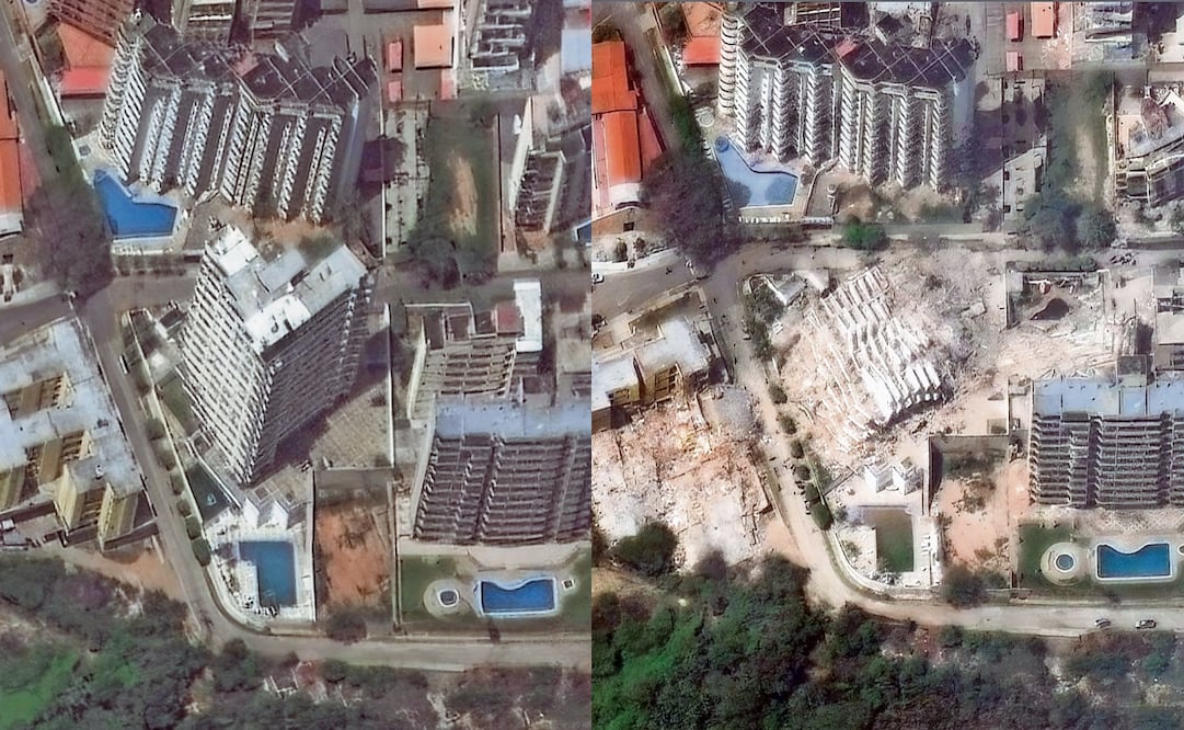 Imagen satelital proporcionada por Vantor muestra, de izquierda a derecha, edificios de apartamentos en La Guaira, el 22 de junio, y la infraestructura derrumbada tras el terremoto. Fotos: AP