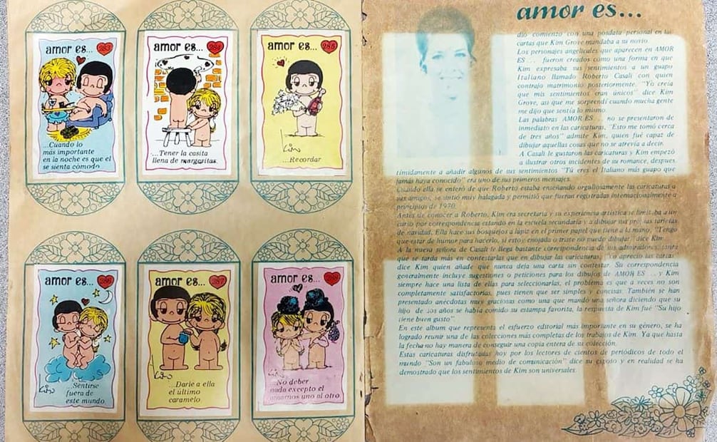 En la guarda anterior del álbum estaba parte de la biografía de Kim Casali. La estampa número 283 leía “Amor Es… cuando lo más importante en la noche es que él se sienta cómodo”. Foto: Germán Espinosa/EL UNIVERSAL/Material de MiniKim.