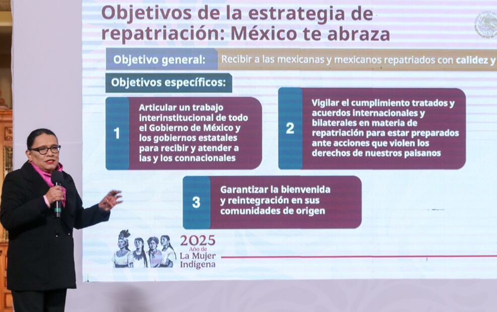 Al reiterar que el gobierno de México implementó la estrategia nacional de repatriación “México te abraza”, ante el retorno de personas mexicanas luego de que Donald Trump tomó posesión de la presidencia de Estados Unidos, la secretaria de Gobernación, Rosa Icela Rodríguez, indicó que las Secretarías de Marina y de Defensa Nacional, con apoyo de la Guardia Nacional, recibirán a los connacionales. Foto: Axel Sánchez/EL UNIVERSAL