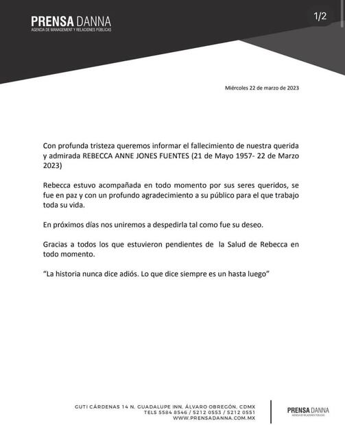 Este es el comunicado con el que se dio a conocer la muerte de Jones