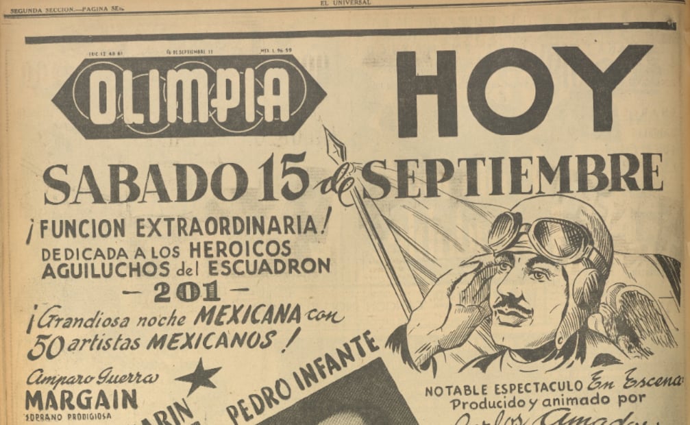 Cartel del festejo en el Cine Olimpia, septiembre 15 de 1945.
Hemeroteca EL UNIVERSAL.