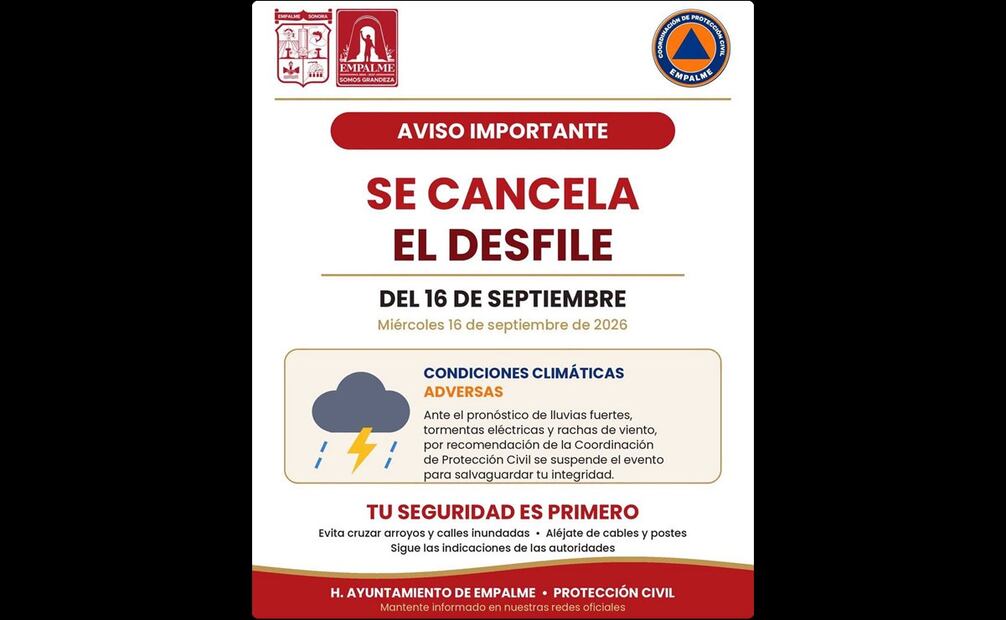 En Empalme, Protección Civil informó la suspensión del evento ante las condiciones climatológicas adversas. Foto: Ayuntamiento de Empalme