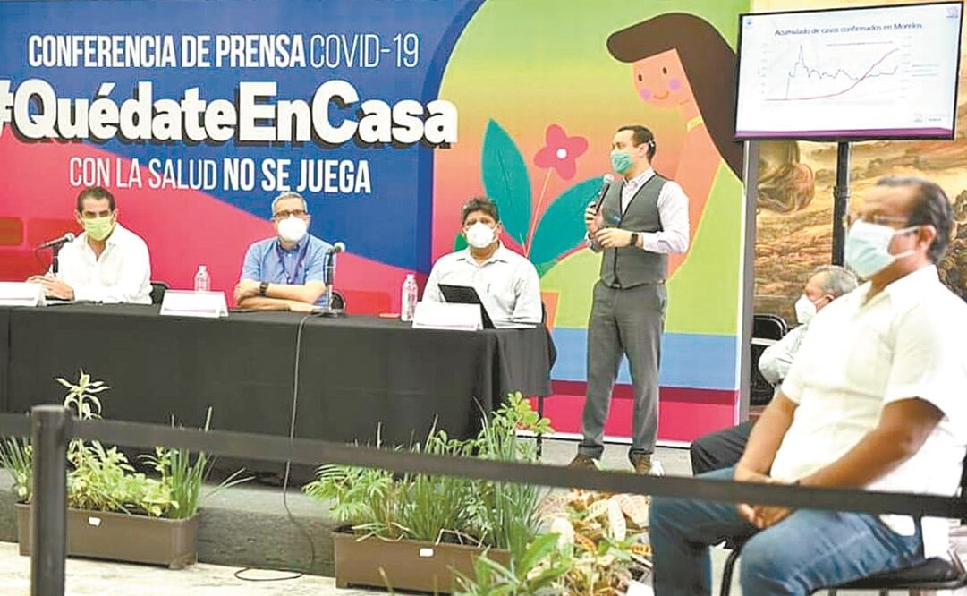 Autoridades de Salud durante una rueda de prensa en la que se presentó el acumulado de casos confirmados de Covid-19 en Morelos. Foto: TOMADA DE FACEBOOK