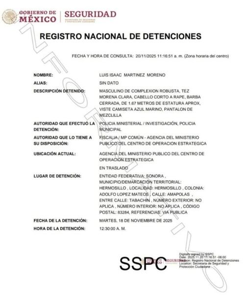 Ficha del creador de contenido en el l Registro Nacional de Detenciones (20/11/2025). Foto: Especial