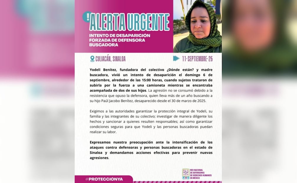 Yodeli Benítez denuncia intento de desaparición forzada.
(12/09/26)
Foto: FB: Red Defensoras Dh México