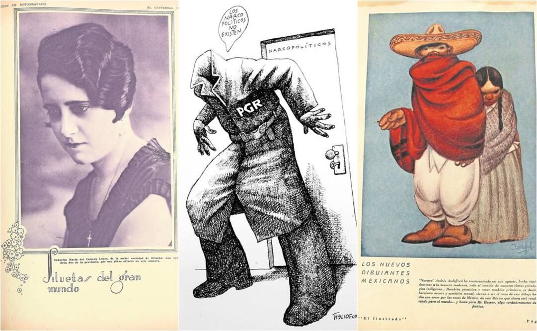 (1)Retrato realizados por Weston se hallaron durante la investigación. (2) Los trabajos de Helioflores se caracterizan por el sombreado contundente en sus trazos. (3) Andrés Audiffred representó mediante sus caricaturas en el periódico a la cultura