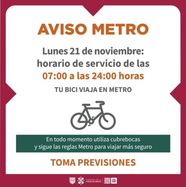 ¿Cuáles serán los horarios del Metro CDMX para este lunes 21 de noviembre?