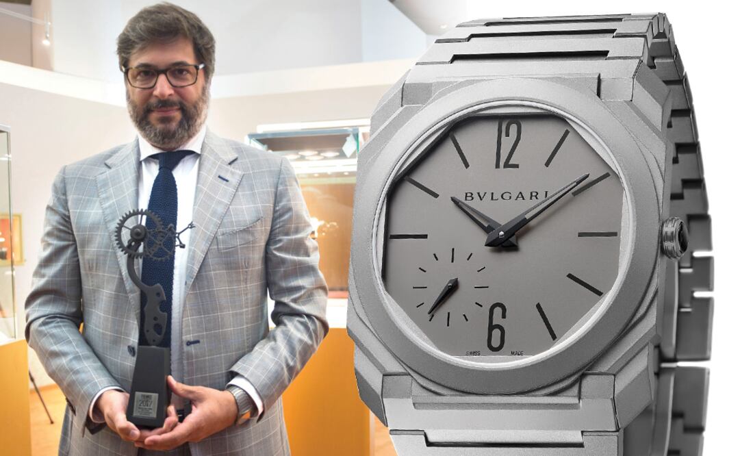 Reloj del Año Bulgari Octo Finissimo Automatic. Con este modelo en titanio, la firma impuso el récord del reloj automático más delgado del mundo. Su calibre, equipado con microrrotor, mide 2.23 mm de altura y 5.15 mm con la caja. El premio lo recibió Guido Terreni, director de Relojería de Bulgari.