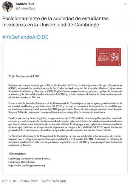 La Sociedad Mexicana de la Universidad de Cambridge se une a exigencias de comunidad del CIDE
