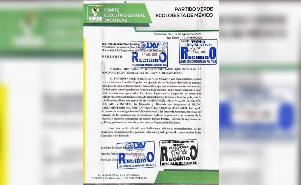 PVEM expulsa a tres diputados de Zacatecas por aprobar reforma de plurinominales; bancada se disuelve.
Foto: Especial.