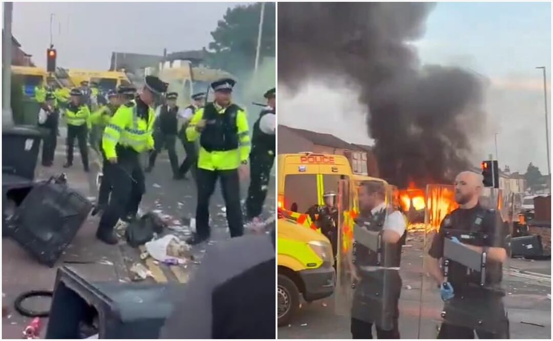 Videos que circulan en redes sociales parecen mostrar una furgoneta policial incendiada y manifestantes lanzando proyectiles a la policía en el norte de Inglaterra. Foto: Captura de video
