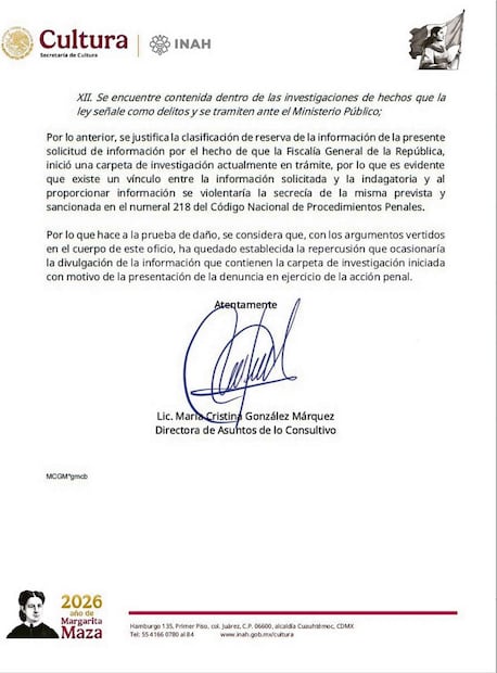 El INAH indica que la información solicitada forma parte de una investigación en curso y no se puede compartir.
