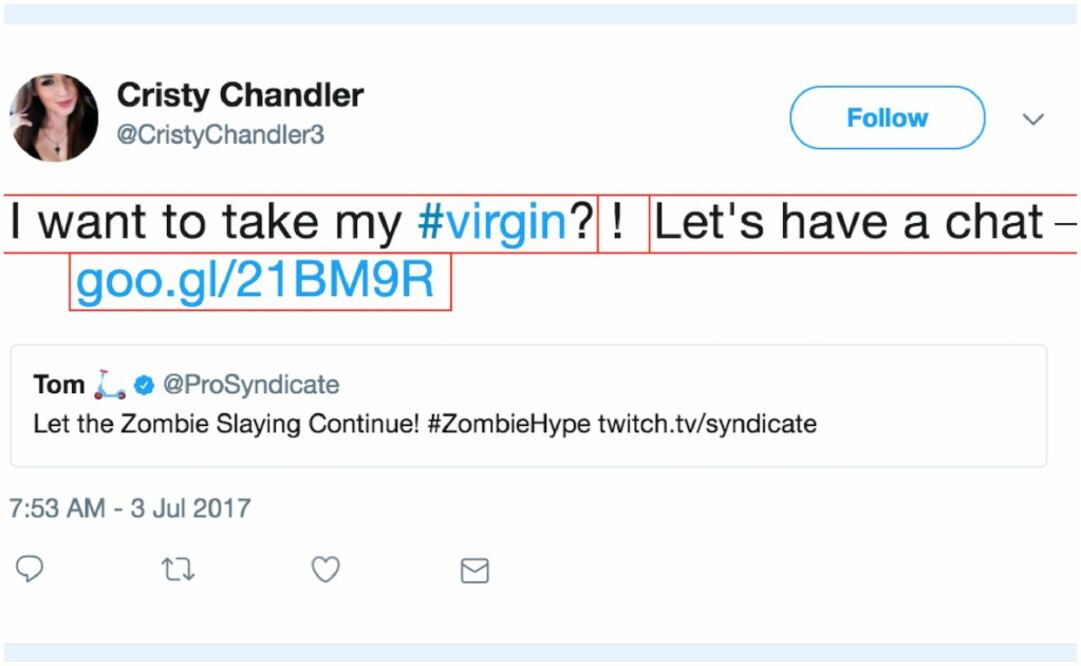 Entre los tuits habpia mensajes como "Miau, quiero tener sexo" o “Se busca hombre joven y vulgar"