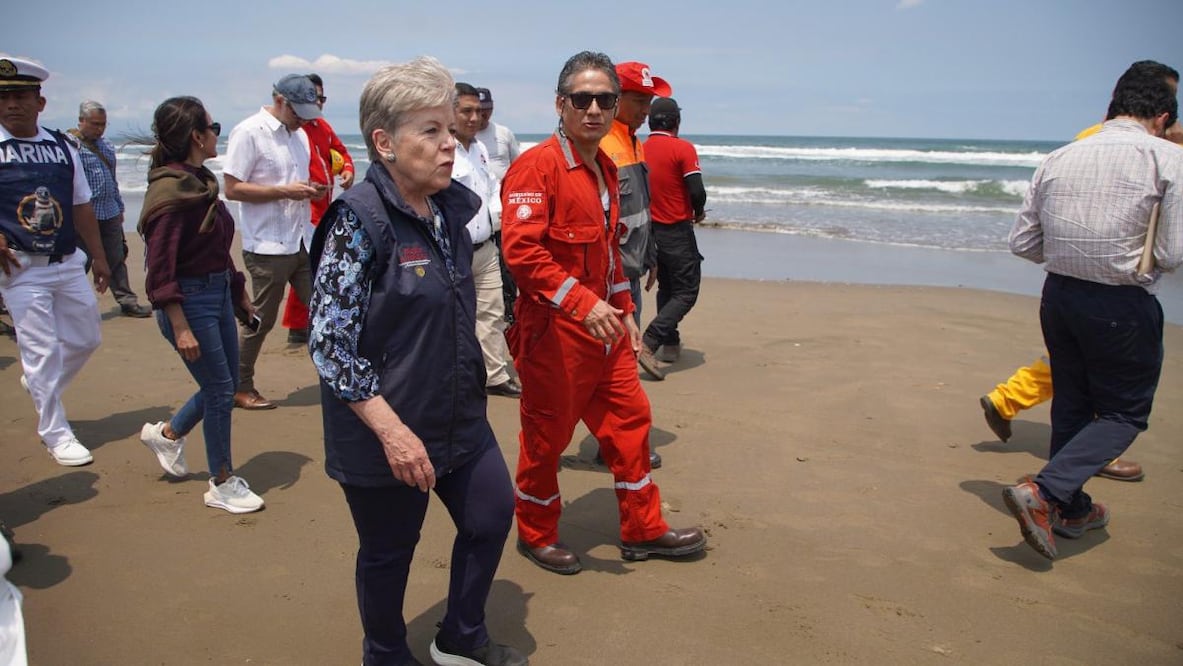 La secretaria de Medio Ambiente y Recursos Naturales (Semarnat), Alicia Bárcena, acude a playas de Veracruz con el fin de supervisar labores de limpieza después del derrame de hidrocarburos. Foto: X @aliciabarcena