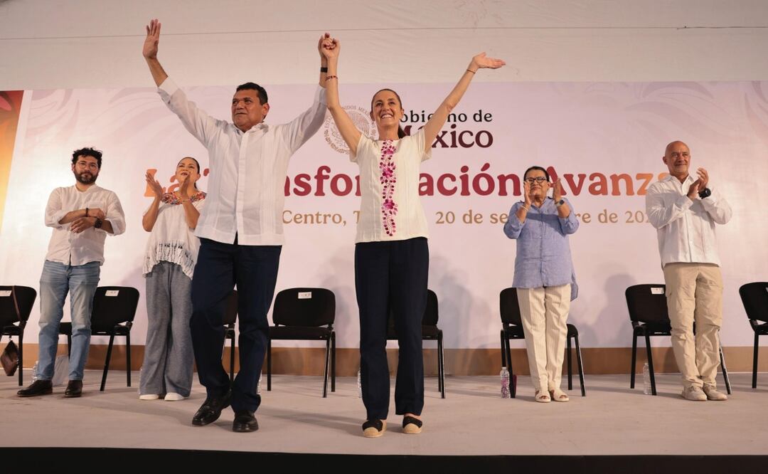 Presidenta Claudia Sheinbaum junto al gobernador de Tabasco Javier May durante su gira por los estados (20/09/2025). Foto: Presidencia