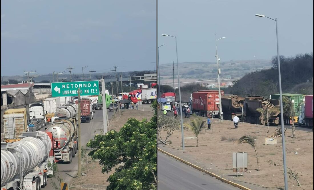 Desde las primeras horas del martes, operadores de transporte de carga se manifestaron y bloquearon los accesos al recinto portuario de Veracruz. Foto: Especial
