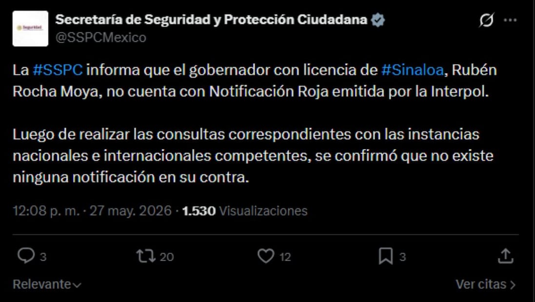 El gobernador con licencia de Sinaloa, Rubén Rocha Moya, no cuenta con Notificación Roja emitida por la Interpol, según la SSPC. Foto: Captura