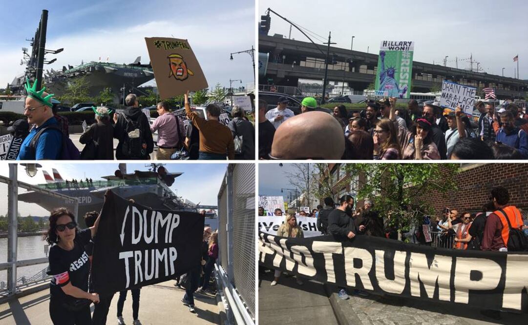 Los manifestantes se concentraron a una cuadras del USS Intrepid, un portaaviónes de la Segunda Guerra Mundial transformado en museo y atracado al oeste de Manhattan.(Fotos: Víctor Sancho / Corresponsal)