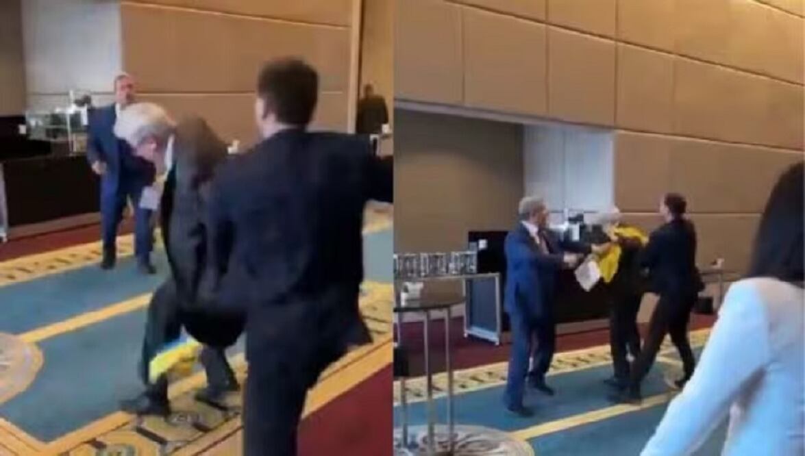 Un parlamentario ucraniano golpea a un diplomático ruso en la cara. Twitter/@officejjsmart