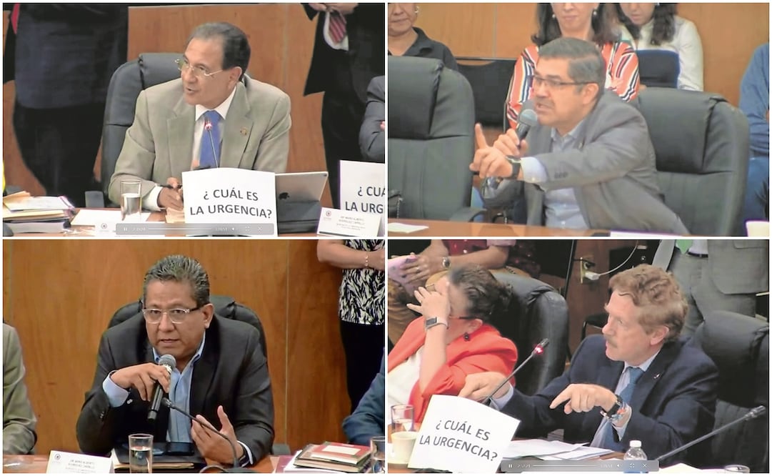 Diputados de oposición cuestionaron el martes por la noche la aceleración de los procesos legislativos, mostrando durante su respectiva intervención carteles con
la frase: “¿Cúal es la urgencia?” Arriba, Carlos Madrazo (PAN) y Brasil Acosta (PRI); abajo, Mario Alberto Rodríguez (MC) y Juan Carlos Romero Hicks (PAN). Foto: Especial