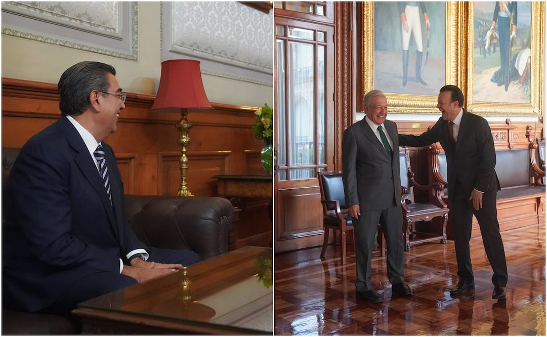 Presidente Andrés Manuel López Obrador con gobernadores de Durango, Esteban Villareal y Puebla, Sergio Salomón Cespedes. Foto: Twitter AMLO