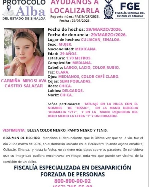 Ficha de búsqueda de Carmiña Castro Salazar. Foto: Fiscalía General del Estado de Sinaloa
