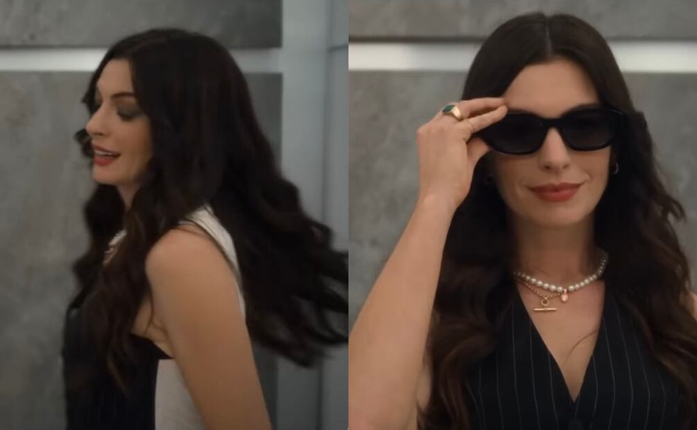 Anne Hathaway encarna a una Andy Sachs empoderada con un conjunto a raya diplomática. Foto: YouTube: 20th Century Studios