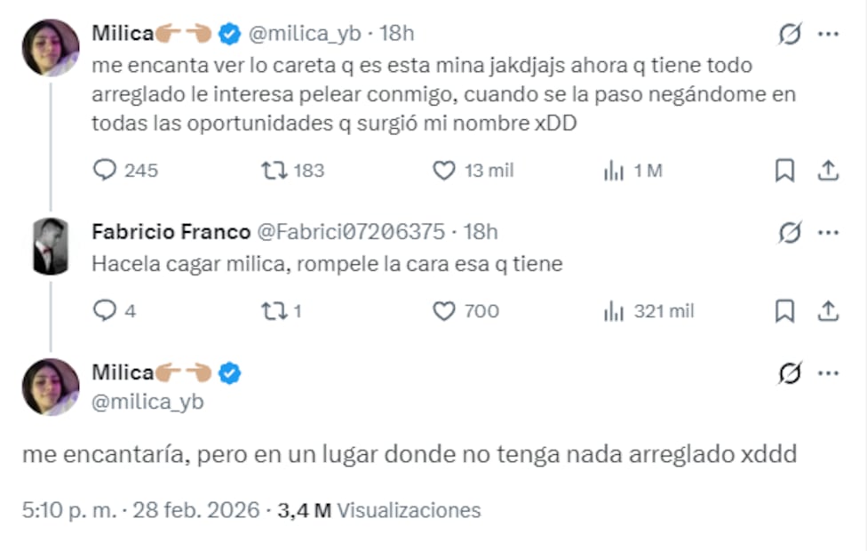 Comentarios de Milica y seguidor en X. Foto: X