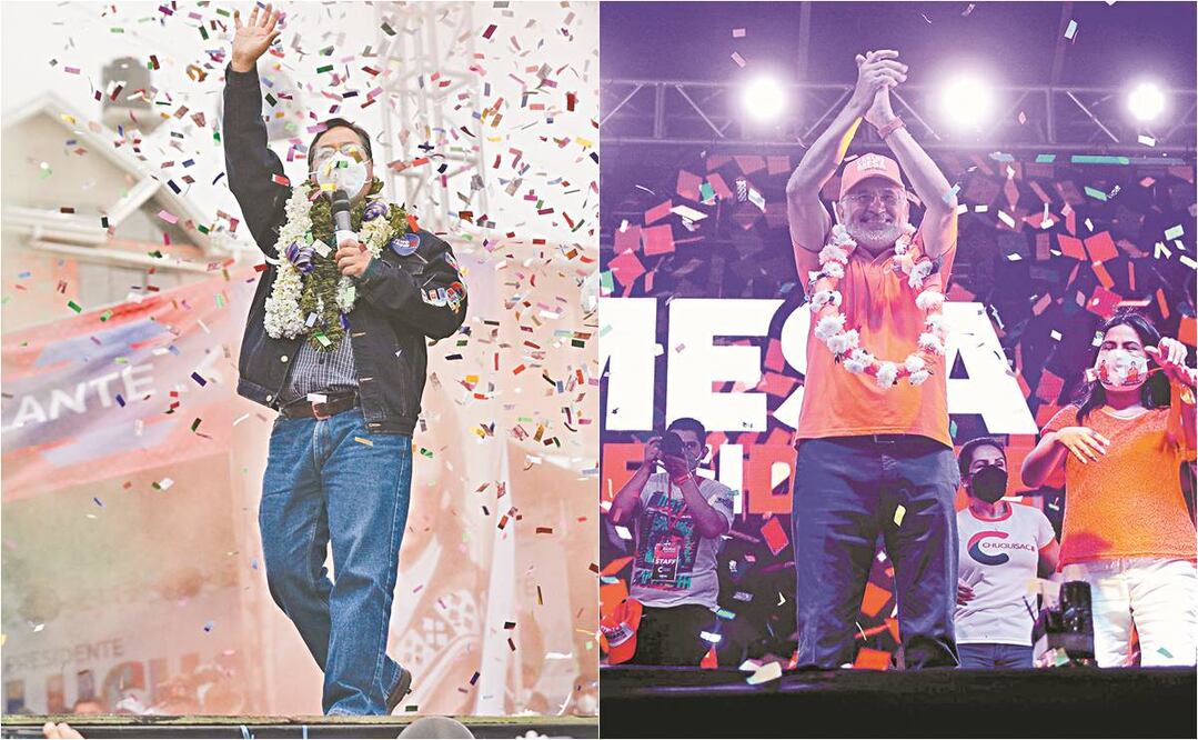Luis Arce, candidato del Movimiento Al Socialismo, ayer en El Alto; Carlos Mesa, de Comunidad Ciudadana, el martes en Santa Cruz. Fotos: ENRIQUE CANEDO. AFP