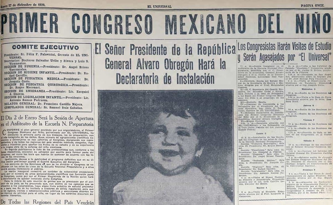 Aviso del Primer Congreso Mexicano del Niño, 1920. Según indicó EL UNIVERSAL, este evento “es prueba de que el mexicano comienza a preocuparse por la suerte de sus hijos y [es] una victoria para la ciencia nacional”. Foto: Hemeroteca EL UNIVERSAL