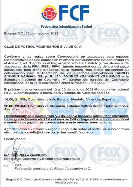 Carta de Julián Quiñones y Colombia - Foto: Fox Sports