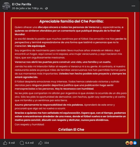 El dueño del establecimiento publicó un comunicado a través de Facebook. Foto: Captura de pantalla