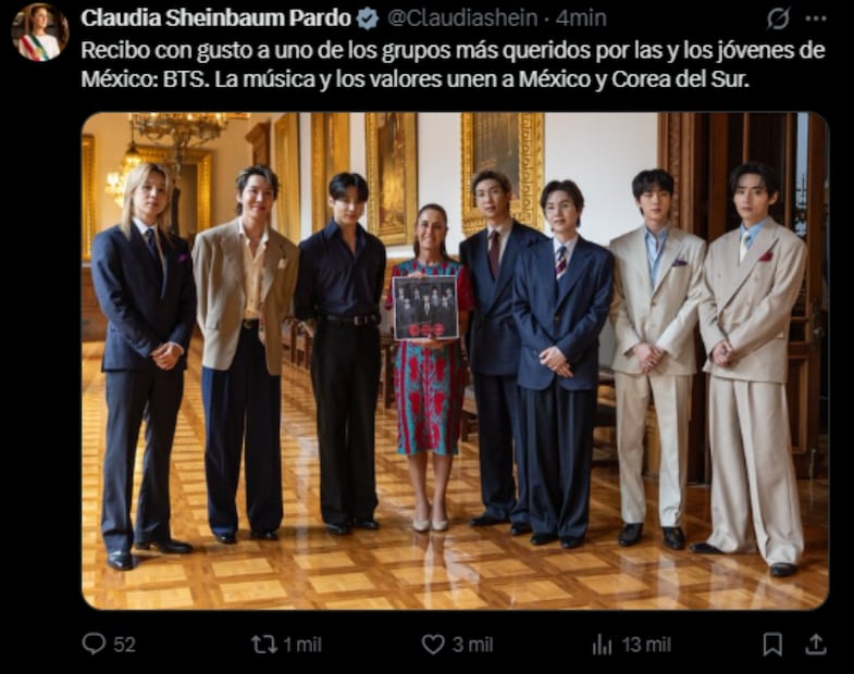 Claudia Sheinbaum junto a BTS (06/05/2026). Foto: X @Claudiashein