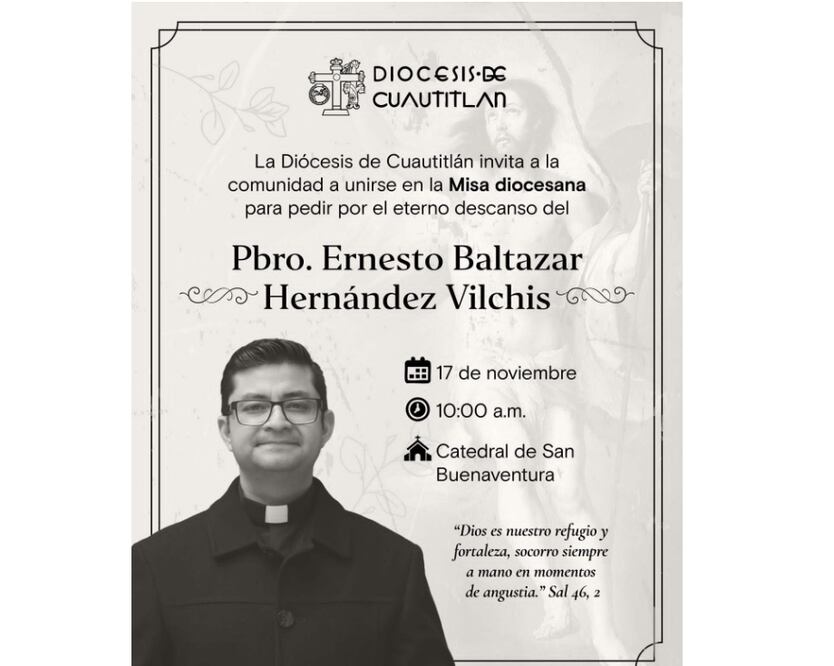 Diócesis de Cuautitlán realizará misa por sacerdote Ernesto Hernández. (Foto: especial)