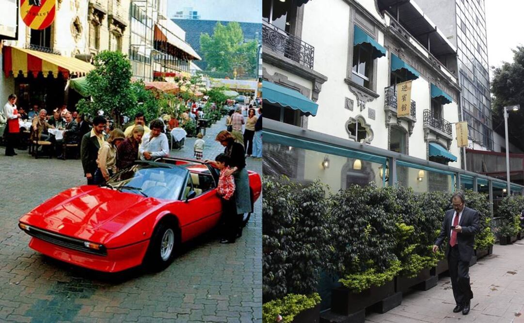 Una fotografía cercana a 1979 donde se puede apreciar el concurrido ambiente característico de la Zona Rosa. Se trata de la calle de Copenhague, cerca de la esquina con Hamburgo; a la izquierda está el Mesón del Perro Andaluz, y en primer plano, un Ferrari 308.
