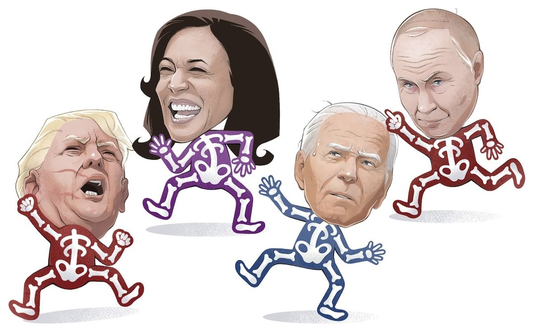 Calaveritas a Kamala Harris, Donald Trump, Joe Biden y Vladimir Putin. Ilustración: Iván Vargas / EL UNIVERSAL