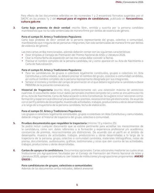 Para el Premio de Artes y Literatura se pide garantizar que no hay una sentencia firme. Foto: https://convocatorias.cultura.gob.mx/