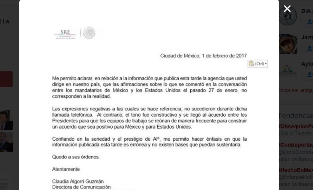 Captura del comunicado de SRE