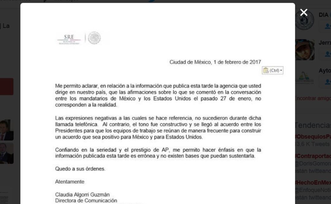 Captura del comunicado de SRE